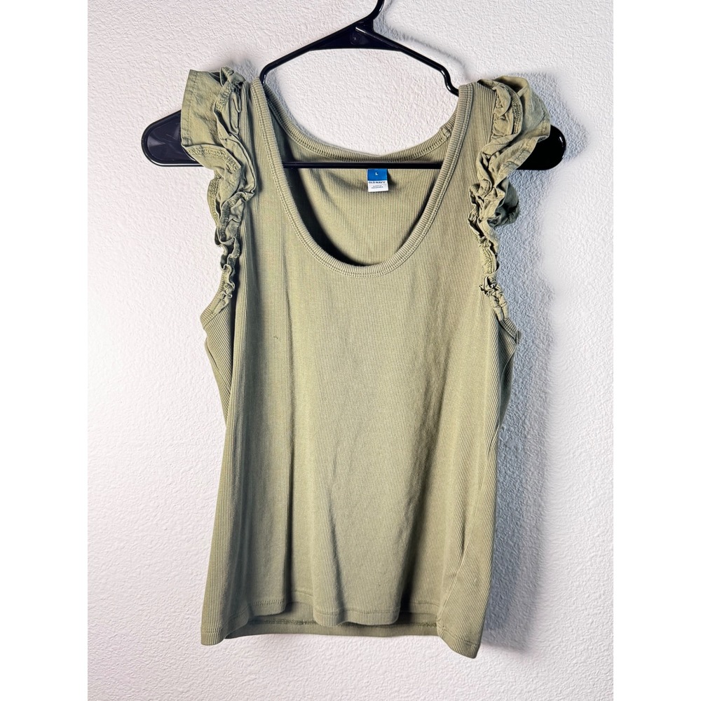 Old Navy Preppy Chic Womens Olive Green Ribbed Tank Top with Ruffle Sleeves Sz L